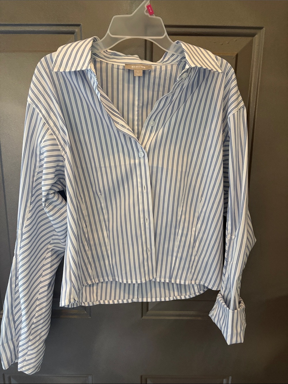 Kenneth Cole Cropped Blue and White Vertical Stripe Button-Down Shirt